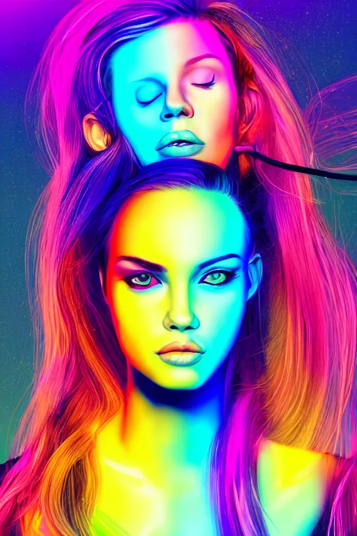 Image similar to a award winning half body portrait of a beautiful woman with stunning eyes in a croptop and cargo pants with rainbow colored ombre hairstyle head in motion and hair flying by thomas danthony, surrounded by whirling illuminated neon lines, outrun, vaporware, shaded flat illustration, digital art, trending on artstation, highly detailed, fine detail, intricate