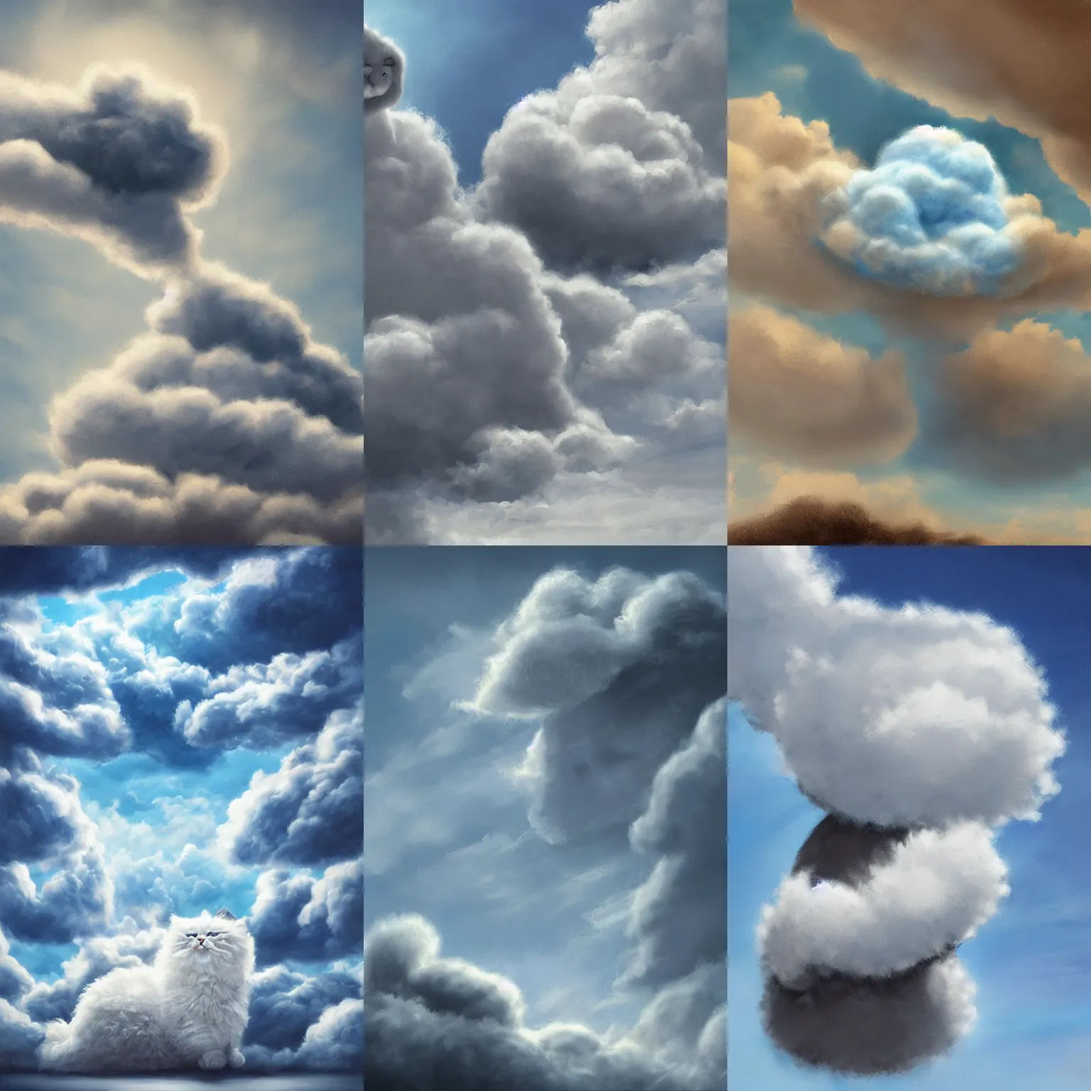 Prompt: a big fluffy cloud shaped like a cat in a blue sky trending on art station, dynamic lighting, stark contrasts, detailed and intricate environment