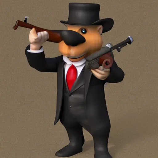 Prompt: 3d model rat in mafia attire, holding a tommy-gun