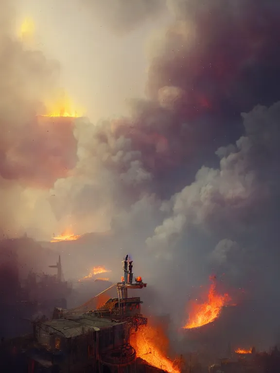 Image similar to photo of 8k ultra realistic oil wells on fire ,heavy clouds, smoke, full of colour, cinematic lighting, battered, trending on artstation, 4k, hyperrealistic, focused, extreme details,unreal engine 5, cinematic, masterpiece, art by Peter Mohrbacher