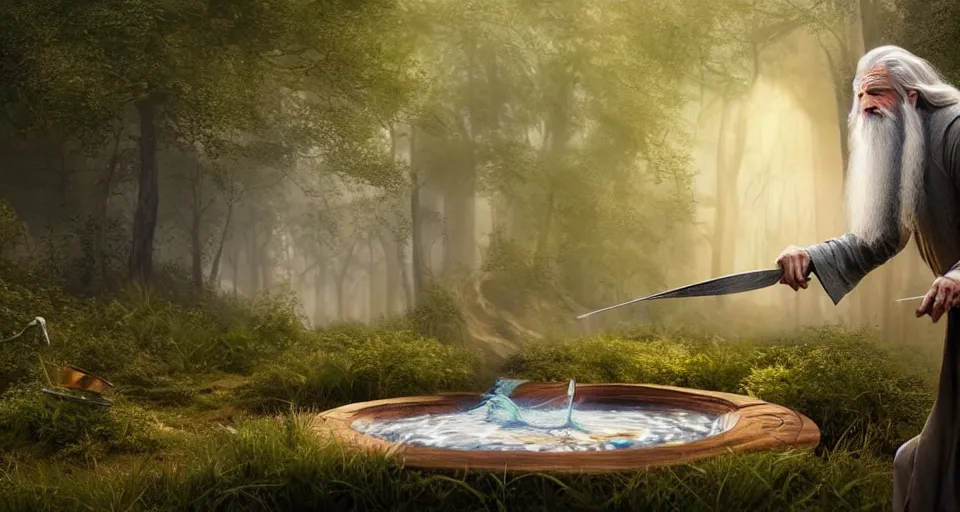 Prompt: A beautiful hyper realistic ultra detailed lifelike matte painting of Gandalf the grey throwing a magic gigantic fork spell towards beehive in forest, unreal engine, deviantart, flickr, artstation, octane render, textured, colorful, extreme realistic detail, physically based rendering, pbr render, very detailed, volumetric lighting, detailed lighting, octane render, 4k, cinematic lighting, 8k resolution