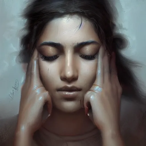 Prompt: Stunning portrait of Beautiful Indian womans face with her hands covering her eyes. Soft render, Greg Rutkowski details, Tears pouring down from her eyes, music album cover, artstation, pixivi