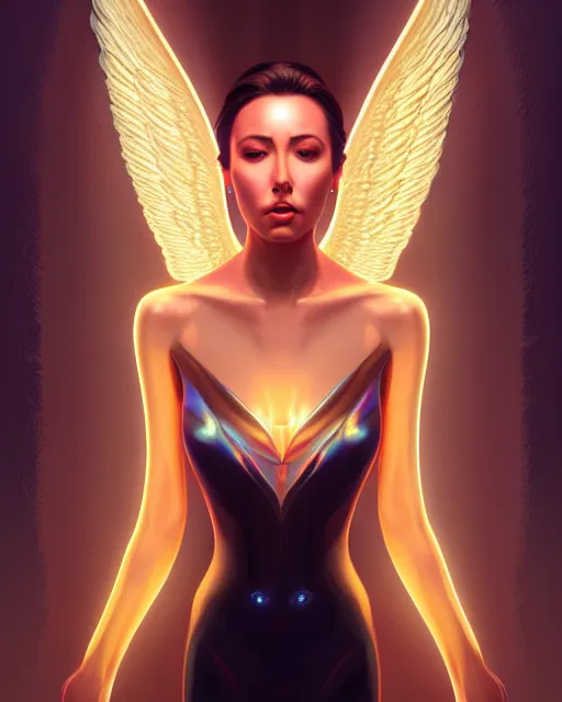 Image similar to symmetry portrait of jodi arias angel, glam, deco, glowing lights, intricate, elegant, highly detailed, digital painting, artstation, concept art, smooth, sharp focus, illustration, art by artgerm and greg rutkowski and fra angelico and unreal engine 5