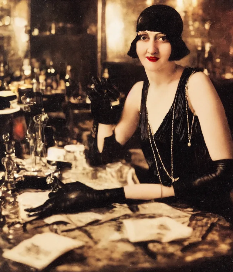 Image similar to close - up antique grainy colored photo of a 1 9 2 0 s short - haired flapper woman in black satin gloves sitting at a table and smirking seductively at the camera. in the background there is a crowded party in a dimly lit speakeasy bar, jazz age, cohesive, 5 0 mm photography, precise, cinematic, low - lighting, photography