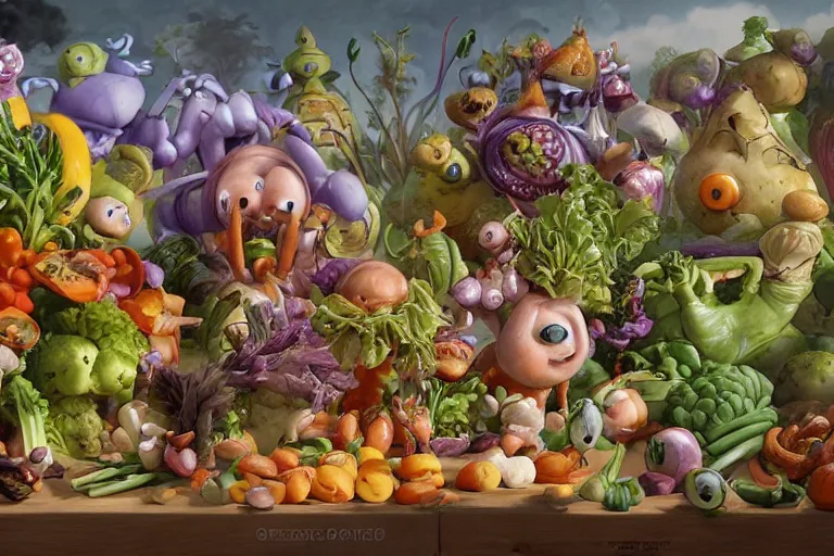 Image similar to miniature vegetable creatures parade on a cutting board. big chef in a kitchen in the background. digital art, realistic, pixar style, highly detailed, cinematic, matte painting, vivid colors, realistic, epic, low angle, lighting, by greg rutkowski and artgerm and alphonse mucha