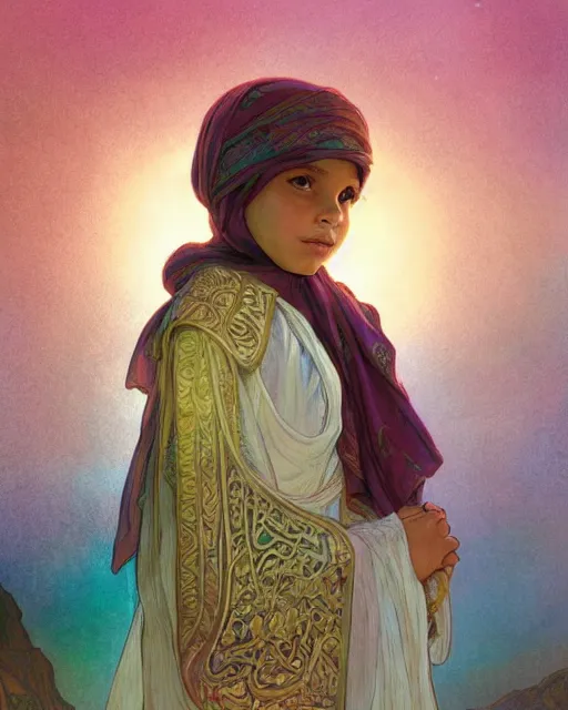 Image similar to a bedouin child infront of an big open quran highly detailed, gold filigree, romantic storybook fantasy, soft cinematic lighting, award, disney concept art watercolor illustration by mandy jurgens and alphonse mucha and alena aenami, pastel color palette, featured on artstation