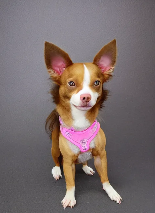 Image similar to fully grown tan pit bull, long - haired chihuahua, pomeranian mix, wearing a pink harness