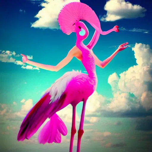 Prompt: goddess wearing a flamingo fashion, photoshop, colossal, creative, giant, digital art, city, photo manipulation, clouds, sky view from the airplane window