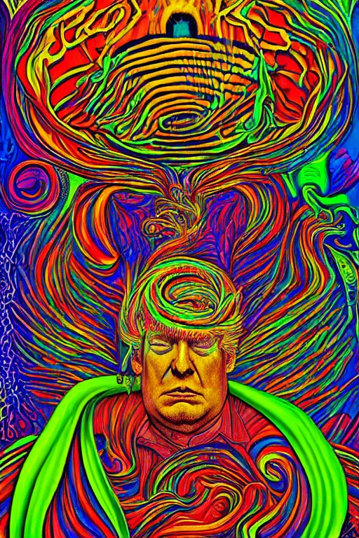 Prompt: psychedelic portrait of trump drinking ayahuasca in a wormhole, by alex gray, psychedelic