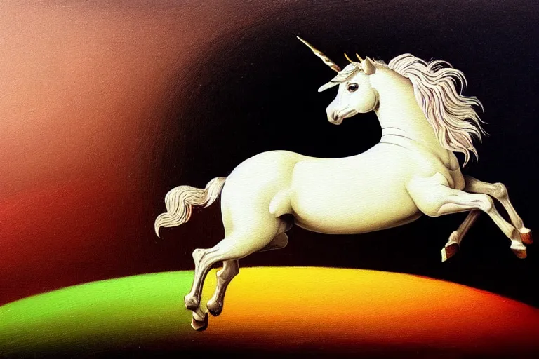 Image similar to detailed traditional painting of a unicorn walking on a solid rainbow, ((rainbow)) by Caravaggio, authentic, masterpiece, brush strokes, trending on artstation