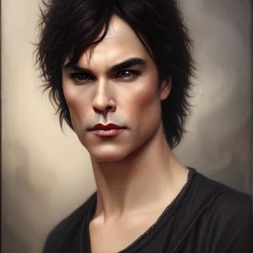 Prompt: attractive damon salvatore. highly detailed painting by tom bagshaw 8 k