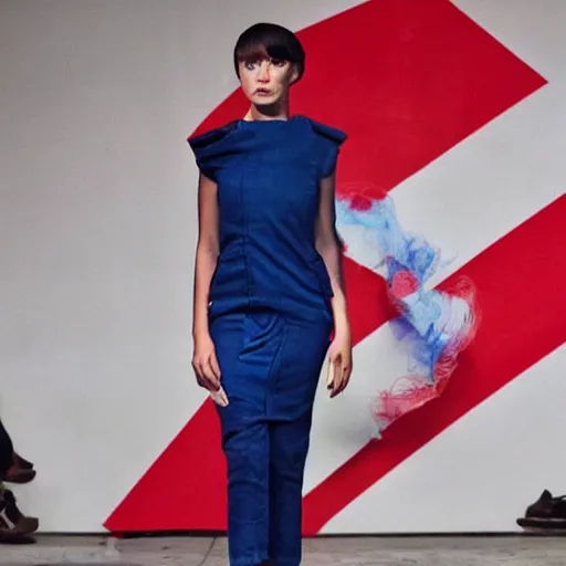 Image similar to dystopian fashion incorporating red white and blue, brutalist fashion show