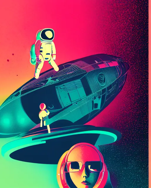 Image similar to strong jitter effects editorial illustration interior portrait of space ship with a young astronaut girl, colorful modern, mads berg, karolis strautniekas, christopher balaskas, fine texture, dynamic composition, detailed, matte print, dynamic perspective, halftone texture, muted color, lomography, risograph