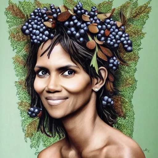 Prompt: a portrait made out of wild forrest berries of halle berry