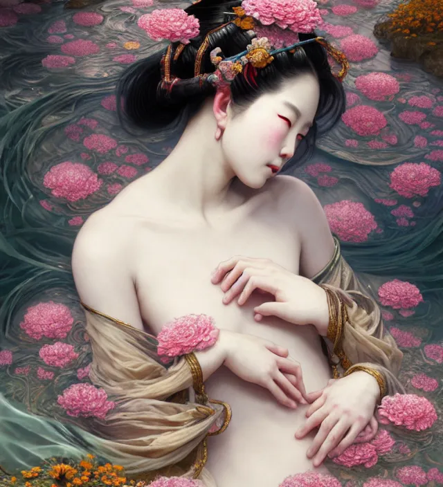 Image similar to baroque portrait of one yakusa tattooed geisha woman of porcelain skin with biomechanic organic elements connected is lying down in a river made of thousand of flowers, cinematic lighting, photorealistic, octane render, 8 k, depth of field, art by artgerm and greg rutkowski and alphonse mucha and uang guangjian