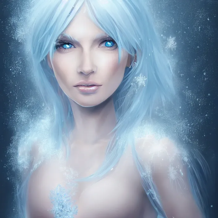 Prompt: full body portrait of a stunningly beautiful woman with pale blue hair wearing a white dress made out of snowflake in the middle of a raging snowstorm. award - winning digital art, trending on artstation