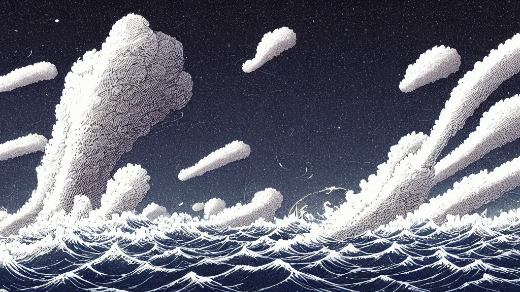 Prompt: highly detailed illustration of high exposure ocean waves at night, cumulonimbus clouds in the sky, big rocket being launched in the horizon, by makoto shinkai, by aaron horkey, by moebius, by nico delort, by dan mumford, by otomo, 4 k resolution, realistic colors