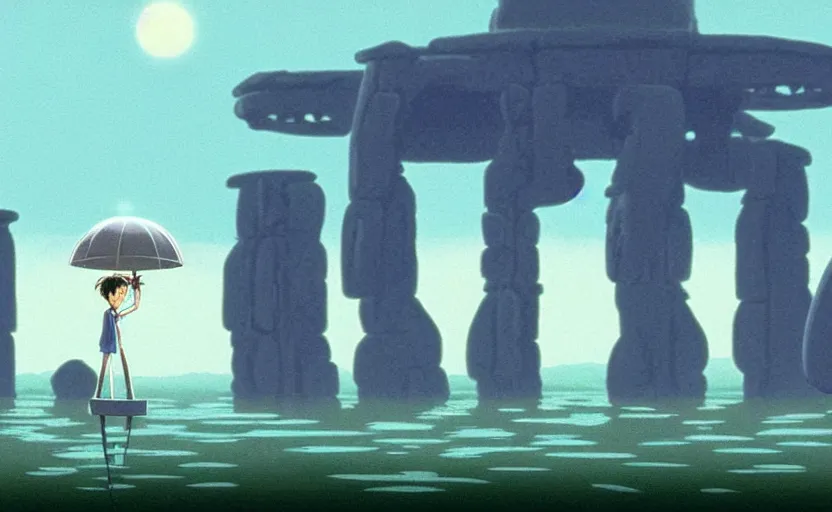 Image similar to a realistic cell - shaded studio ghibli concept art from paprika ( 2 0 0 6 ) of a flying intelligent dull grey mechanical octopus from close encounters of the third kind ( 1 9 7 7 ) in a flooded monument valley stonehenge. very dull colors, wide shot, hd, 4 k, hq