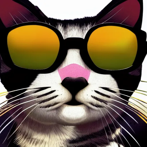 Prompt: Portait of a Kawaii Cat wearing sunglasses and a leather jacket, in GTA V, close up view, cover art by Stephen Bliss.