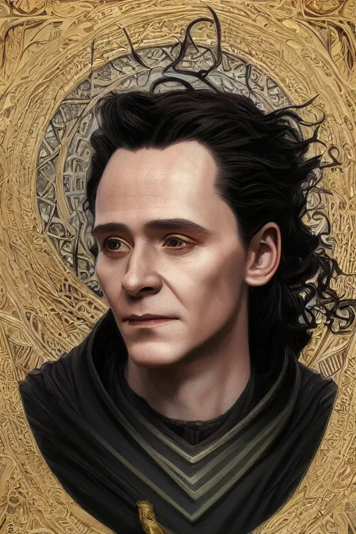 Prompt: portrait of Loki as a young boy, medium black hair, Nordic crown, black suit, fantasy, intricate, elegant, realistic, highly detailed, digital painting, artstation, concept art, smooth, sharp focus, illustration, art by artgerm and greg rutkowski and alphonse mucha