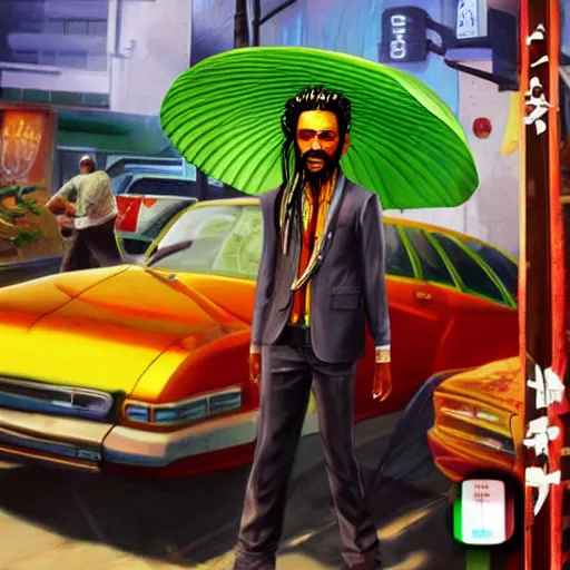 Prompt: a beautiful painting of a rasta yakuza in gta, 3 d, concept art