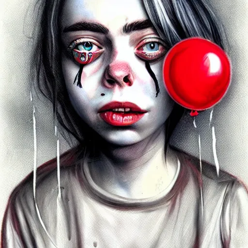 Prompt: surrealism grunge cartoon portrait sketch of billie eilish with a wide smile and a red balloon by - michael karcz, loony toons theme, pennywise theme, horror theme, detailed, elegant, intricate