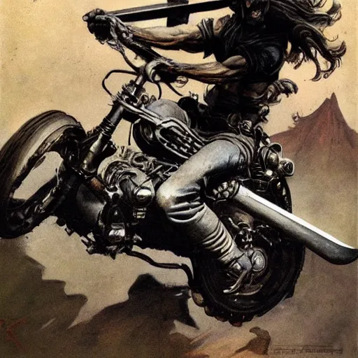 Image similar to into glory ride, artwork by Frank Frazetta, motorcycle, muscular warrior holding sword