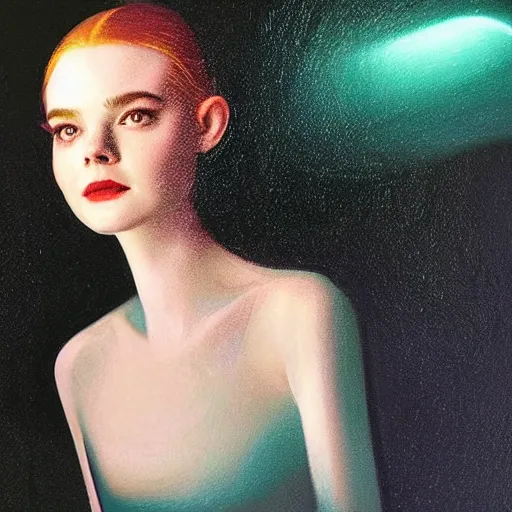 Image similar to Elle Fanning transcending into cyberspace in the style of Paola Vetri, head and shoulders portrait, stormy weather, extremely detailed masterpiece, oil on canvas, low-key neon lighting, artstation, Blade Runner 2049, Roger Deakin’s cinematography, by J. C. Leyendecker and Peter Paul Rubens and Edward Hopper and Michael Sowa,