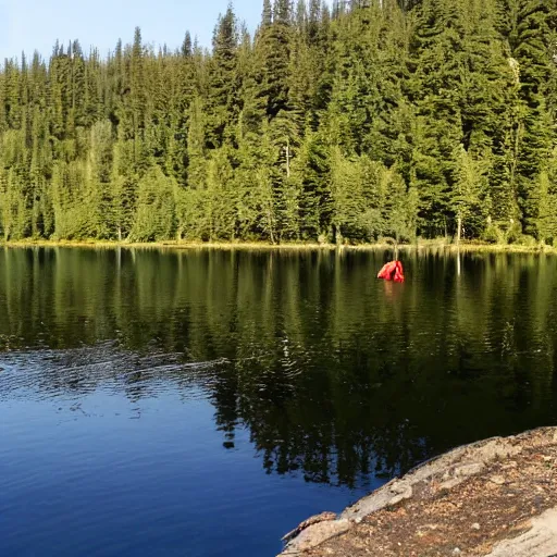 Image similar to Mysty lake, single human floating in the lake in the distance, dark