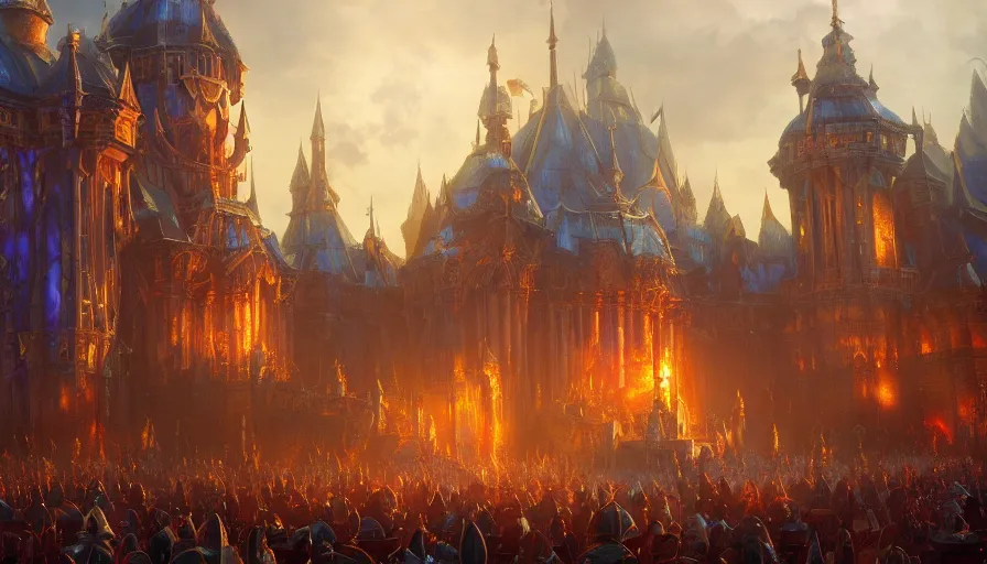 Image similar to a beautiful photo realistic still image of stormwind from the warcraft movie, warm colors, by greg rutkowski, trending on artstation, masterpiece,