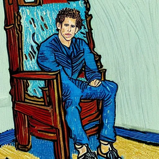 Prompt: a golden god, dennis reynolds, sitting in a throne in a kitchen in the style of van gogh