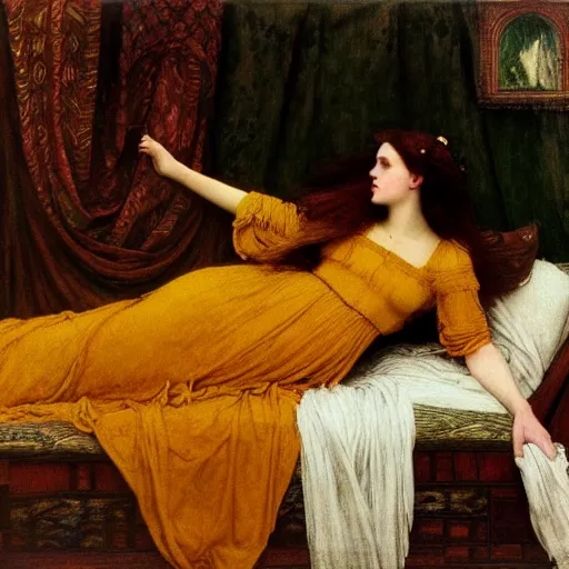 Image similar to preraphaelite photography reclining on bed, a hybrid of judy garland and amy macdonald, aged 2 5, big brown fringe, yellow ochre ornate medieval dress, john william waterhouse, kilian eng, rosetti, john everett millais, william holman hunt, william morris, 4 k