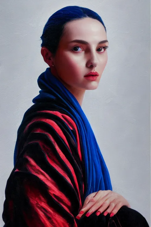 Prompt: hyperrealism oil painting, close - up fashion portrait of woman face in black robe, soft light, soft colors, red waves pattern mixed with blue forest in front, in style of classicism