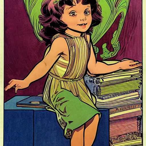 Image similar to a cute little girl with a mischievous face and short brown wavy curly hair sitting on top of a tall pile of books. well composed, clean elegant painting, beautiful detailed face. comic book art by steve ditko and jack kirby and ( alphonse mucha )