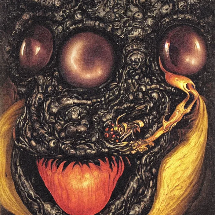 Image similar to close up portrait of a mutant monster creature with giant flaming protruding eyes bulging out of their eye sockets, exotic black orchid - like mouth, insect antennae by jan van eyck, audubon