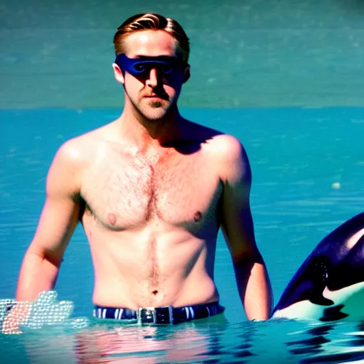 Image similar to ryan gosling in swimming trunks and cyberpunk style goggles rides a killer whale in a vulcan lake