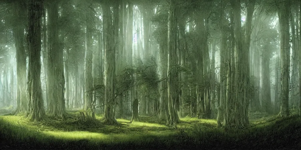 Image similar to Artwork by John Howe of The cinematic view of The Forest of Lost Twilight, a Forest, within which can be found an epitomic manor.