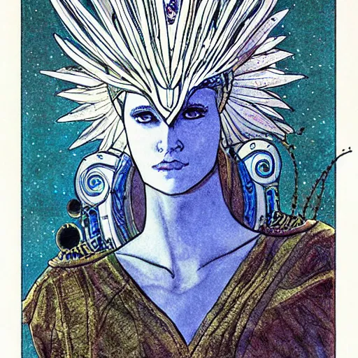 Prompt: Artemixel, the modern reincarnation of the old selenium god of hunt, also known as Artemis the Selene, carrying the celebrated Crown of the Crescent Moon wich its usual bright and slightly bluish crescent like the brightness of the night. Portrait by Moebius!!!, detailed sci-fi art, hd, close-up