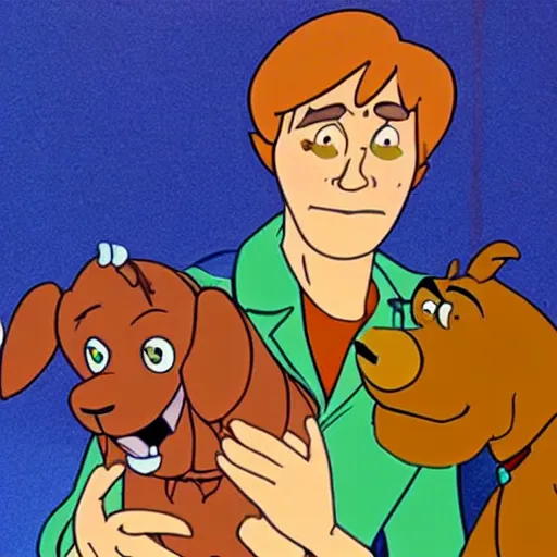 Image similar to scooby - doo on deathbed, freinds and family surround him with love, shaggy holding his paw, hospice, hannah barbera, animated tv show