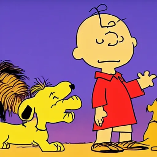 Prompt: charlie brown in the lion king, animated,