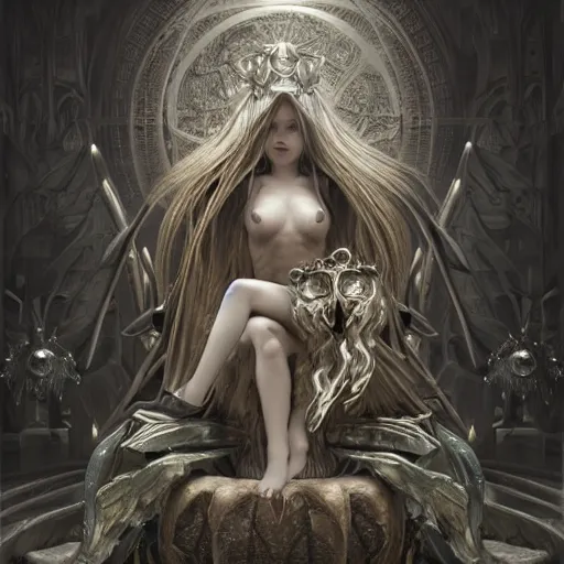 Image similar to Full Body View, Beautiful Face, The Fantasy Goddess Eris, on her Throne, by NIXEU, by HR Giger, by WLOP, by Attila Adorjany