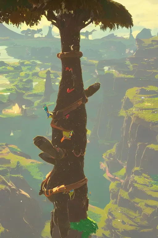 Image similar to in game footage of a penguin from the legend of zelda breath of the wild climbing q tree, breath of the wild art style.