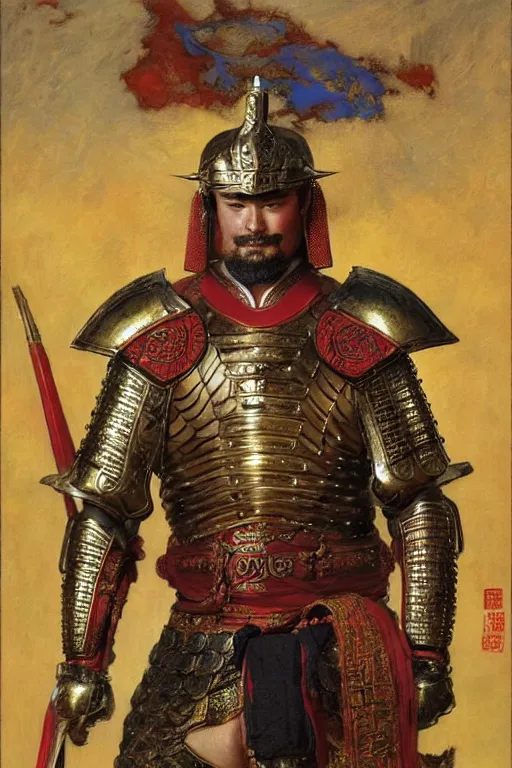 Image similar to beefy male wearing armor, tang dynasty, colorful, painting by gaston bussiere, craig mullins, j. c. leyendecker, tom of finland