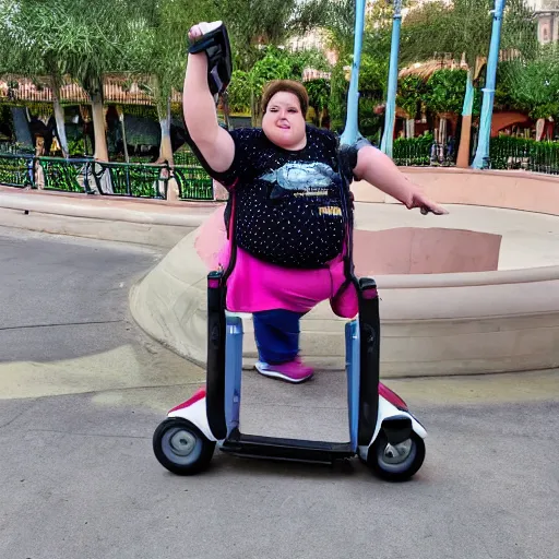 Image similar to morbidly obese rat riding a mobility scooter at disneyworld, photo