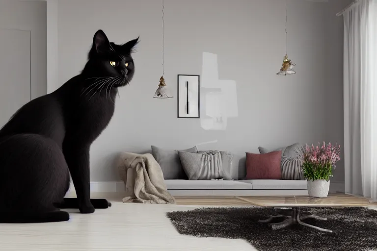 Prompt: dark, large very beautiful balinese cat in finnish living room, beautiful, photorealistic, hyperrealistic, highly detailed, high resolution, 4 k