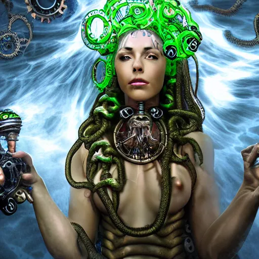 Prompt: photorealistic portrait of a steampunk gorgon medusa with borg implants and mechanical snakes coming out of her head. She is standing under a waterfall. very detailed, 8k