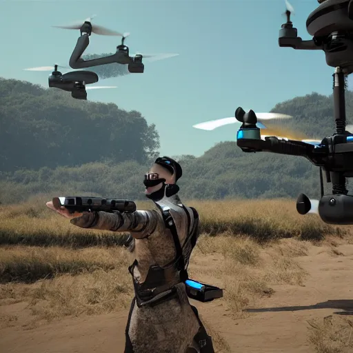 Image similar to warrior drone, drone with a gun, photorealistic, unreal engine 5 »