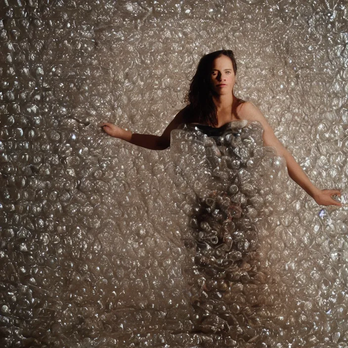 Prompt: a closeup portrait of a woman wrapped in bubble wrap, standing in front of a vast black forest, color photograph, by vincent desiderio, canon eos c 3 0 0, ƒ 1. 8, 3 5 mm, 8 k, medium - format print