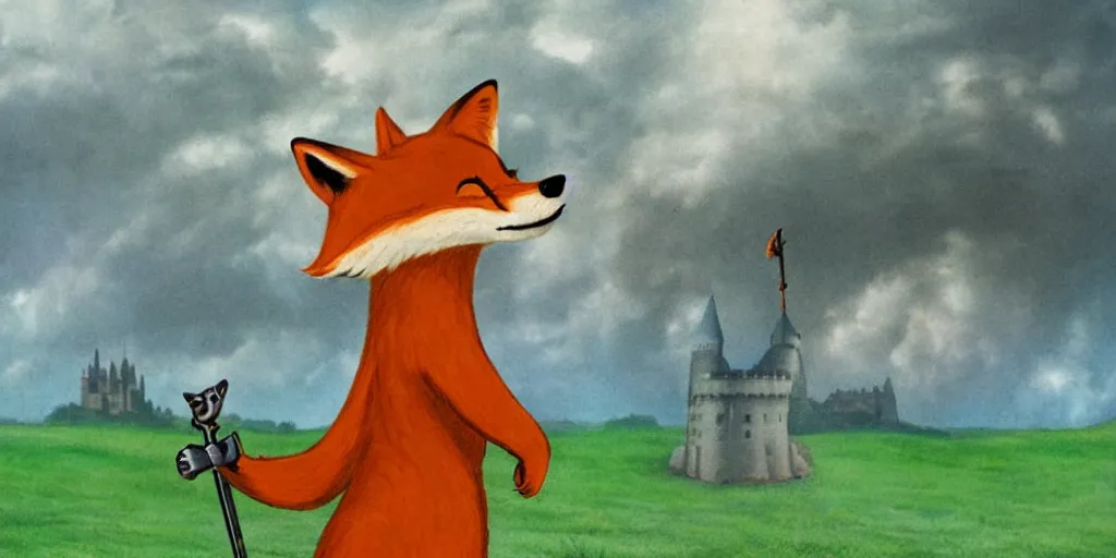 Prompt: anthropomorphic fox who is a medieval knight holding a sword towards a stormy thundercloud 1 9 3 0 s film still, castle in the background