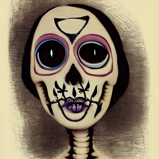 Prompt: a woman with a skeleton face painted on her face, a character portrait by edna mann, behance, pop surrealism, freakshow, 1 9 7 0 s, surrealist